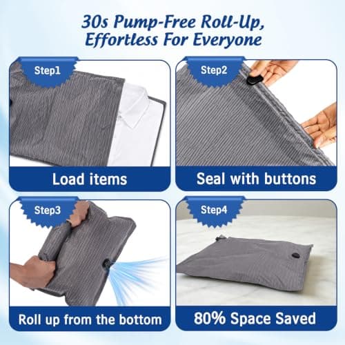 Vacuum Storage Bags for Travel, 2 Pack Reusable Compression Bags, Oxford Cloth Travel Vacuum Bags No Pump, Manual Roll-Up Space Saver for Clothes, Luggage, Suitcase (Grey Stripe, 30x40+40x50cm) — view 4