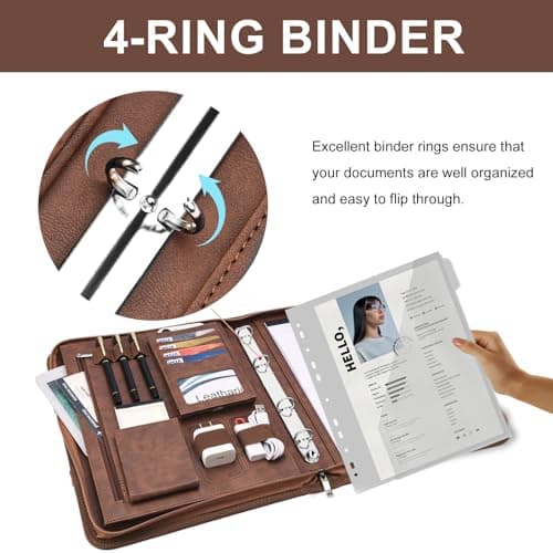 Leathario Portfolio Folder A4, Vegan Leather Conference Folder with Handle, 4-Ring Travel Document Holder with 5 5-Part File Dividers, Multi-Pocket Document Folder Organiser, Office Supplies — view 6