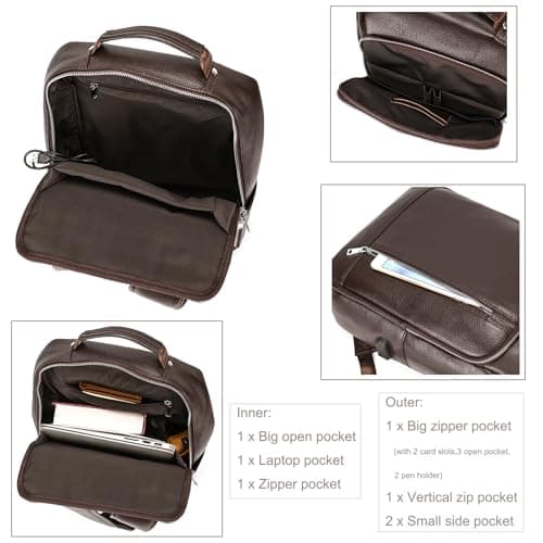 LUUFAN Genuine Leather Backpack Men Casual Daypack Vintage 15.6 Inch Laptop Rucksack Business Slim Travel Outdoor Shoulder Bag with Trolley Sleeve (Coffee) — view 6