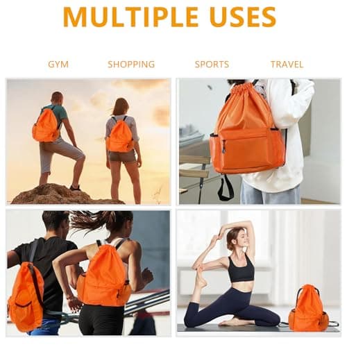 BAOWUABJ Drawstring Bags, Large Waterproof Sports Backpack Unisex Orange — view 6