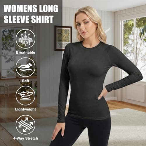NuCamper 4 Pack Thermal Tops Womens Long Sleeve Shirt Round Neck Soft Thermal Underwear Breathable Compression Base Layer Shirts Casual Slim Fitted Lightweight Ladies Thermals T Shirt for Running — view 4