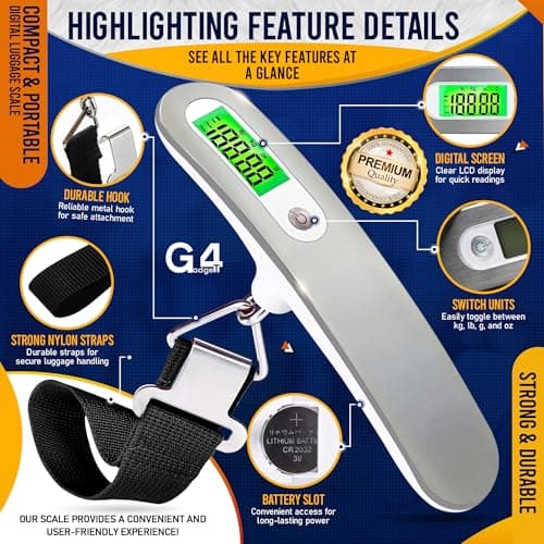 G4GADGET Digital Luggage Scale | Heavy Duty Stainless Steel Suitcase Weighing Scale with LCD Display, Tare & Auto-Off | 4 Unit Modes (g/kg/lb/oz) | Light Weight Travel Essentials & Holiday Accessory — view 3