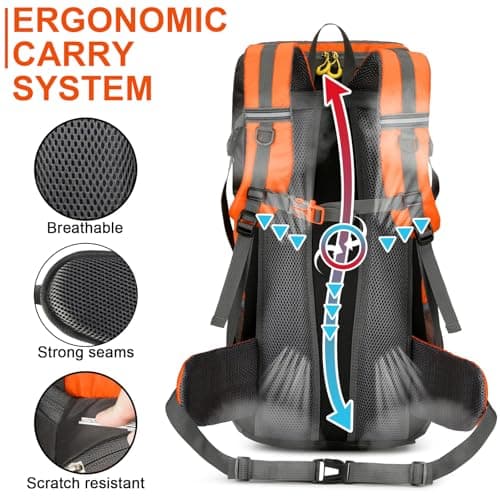 jianyana Hiking Backpack Waterproof 50L Foldable Rucksack Durable Lightweight Camping Bag with Rain Cover for Camping Trekking Hiking Walking Cycling Climbing Outdoor Sports for Women Men Orange — view 6