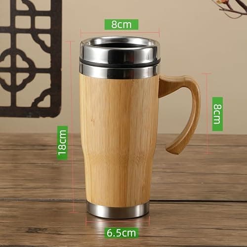 20oz Premium Bamboo Tumbler with Handle - Vacuum Insulated Thermos for Tea, Coffee - Bamboo Stainless Portable Thermal Travel Handle Mug Bottle For Office — view 2