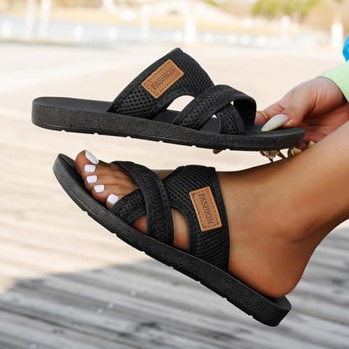 Women's Mesh Sandals & Slides, Open Toe Slip on Flat Sliders, Lightweight Breathable Soft Cushioned Footbed Comfort Slippers, Summer Cross Strap Fashion Casual Wide Fit Sandals — view 4
