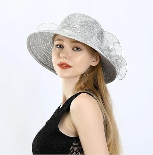 Ladies Foldable Organza Sun Hat Summer Church Hats Wide Brim Ascot Race Derby Hat for Cocktail/Wedding Party Hats Anti-UV Beach Sun Hat Bucket Cap Travel Holiday Cap (UK, Alpha, One Size, Light Grey) — view 2