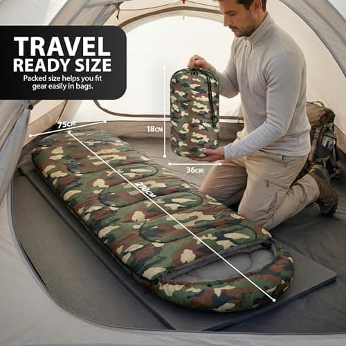 ZENO Sleeping Bag | Sleeping Bags For Adults | Waterproof & Lightweight | 3 Season Sleeping Bag | Includes Lightweight Carry Bag | Ideal For Cold & Warm Weather | Comfort Padded (Camo) — view 3