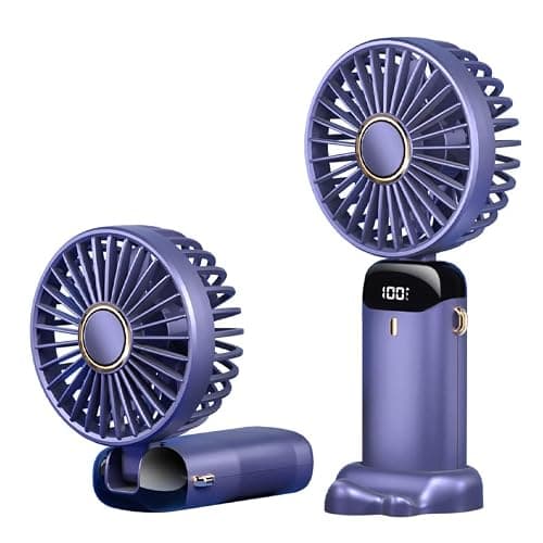 Rainberg Rechargeable Hand held Fan with LED Display, 5-Speed Settings, 5000mAh Battery, 90-Degree Adjustable, Desk Fan, Hand Fan, Portable fan, Quiet Cooling, Compact Design, USB Charging (Purple)