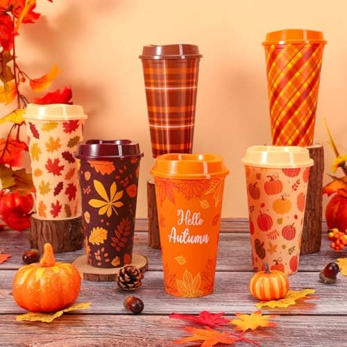 Whaline 12 Pcs 16 Oz Fall Reusable Coffee Cups with Lids Plastic Tumbler Autumn Pumpkin Plaid Maple Leaves Coffee Travel Mug for Harvest Thanksgiving Party Supplies Hot Cold Drinks — view 4