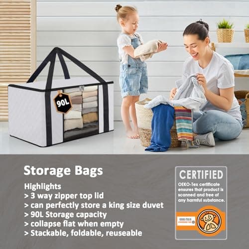 KURNI Storage Bags | Clothes Organizer Boxes, Foldable 6 Pack White, 90L Capacity, 3 Sided Zipper Moving Large Bag. Dust & Moisture Proof — view 2