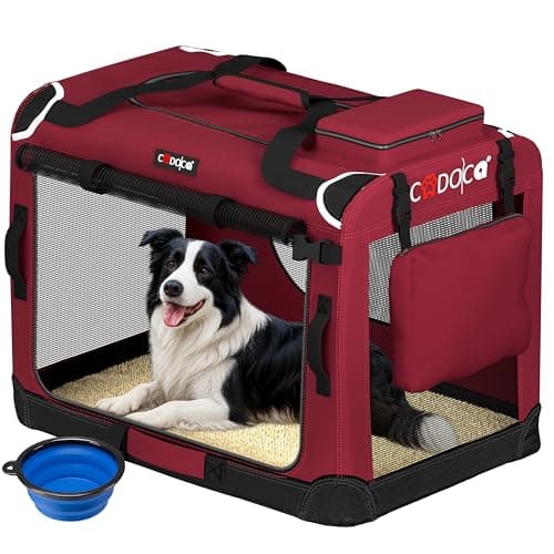 CADOCA Dog Crate Carrier, Car Foldable Travel Cage + Bowl, XL Dark Red