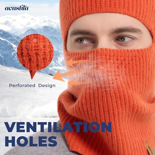 ACUSHLA 100% Merino Wool Balaclava, Thermal Winter Ski Mask Unisex, Orange — view 4
