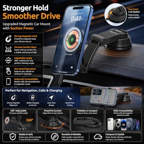 Ultra-Secure Magnetic Wireless Car Charger, Car Phone Holder Wireless Charge, 360 djustable Dashboard Magnetic Phone Charger, Foldable Suction Cup Mobile Mount Charging for 17/16 Pro Max & More — view 4