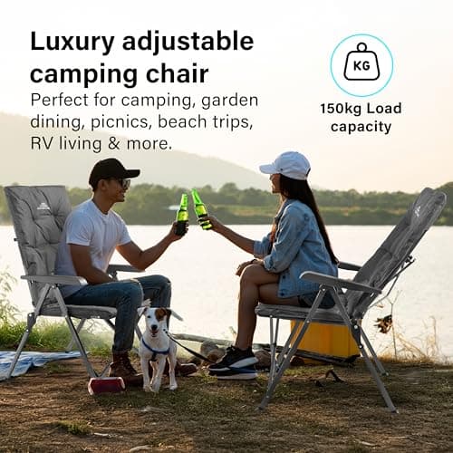 Luxury Adjustable Camping Chair for Adults Heavy Duty Outdoor 4-Position High Back Oversized Garden Padded Folding Chair for Caravan Dining Beach Picnic Fishing 150kg Load Capacity Grey — view 3