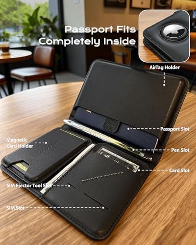 Stouchi Passport Holder Airtag Wallet, AirTag RFID High-Grade Vegan Leather Travel Wallet with Detachable Magnetic Card Case & Quick-Extract Strap (Black) — view 4