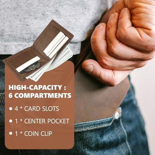 OBSEWAU Leather Wallet, Mens Slim Wallet with Card Holder Banknote Compartments and Coin Pocket, Men's Small Bifold Leather Wallet for Work Business or Travel Minimalist Purses for Men UK (Brown) — view 5