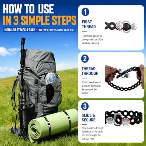 4 PC Modular Straps,Flexible Multi-Tool,80 Pound Load,18" lengths,Gear Strap,Reusable Multitool Utility Gear Ties for Camping,Outdoor Adventure,Luggage,Tool Organization,Travel,EDC（Black） — view 6