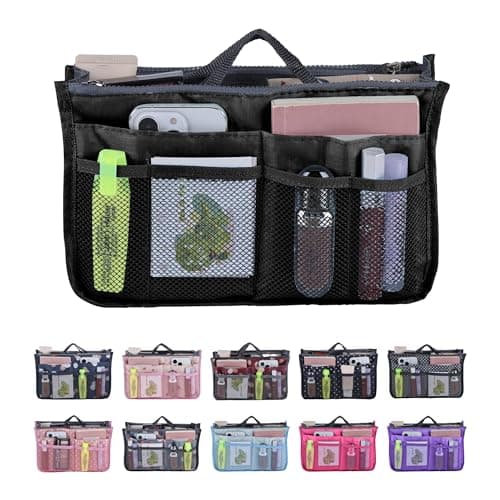 JJ PRIME - Multi-Compartment Handbag Insert | Expandable Liner Bag Pouch Zipper Closure | Tote Bag Organiser Insert with 13 Pockets and Handle for Easy Lifting (Travel, Cosmetics, Toiletries), Black