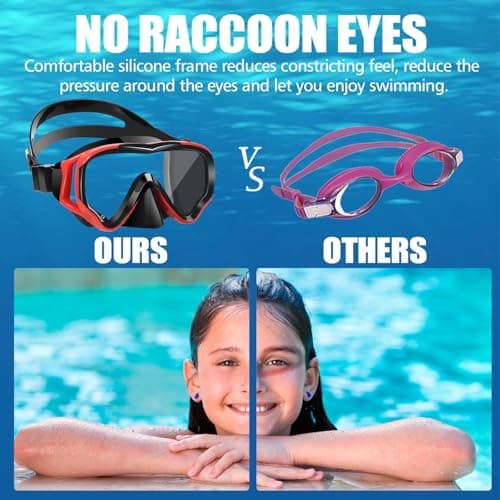 HIKOTEY Snorkel Mask for Kids(4-16 Years),180°Panoramic View Diving Mask With Tempered Glass Lenses,Anti-fog, Anti-leak Technology,Adjustable Silicone Strap,Includes Earplugs and Nose Clip (Red+Black) — view 6