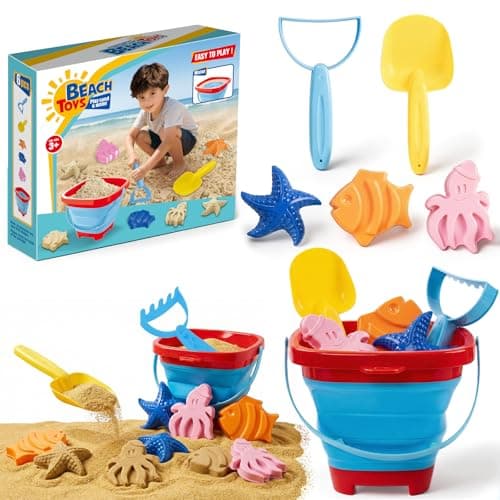 Beach Toy Set for Children, Including 1 Foldable Sand Bucket, Shovel, Rake, 3 Sand Moulds and Mesh Storage Bag, Sand Toys for Toddlers Aged 3+