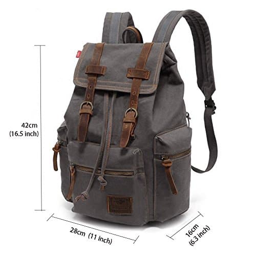 Vintage Unisex Casual Leather Backpack Canvas Rucksack Bookbag Satchel Hiking Backpack Travel Outdoor Shouder Bag (Grey) 27.9 x 16 x 41.9 cm — view 4