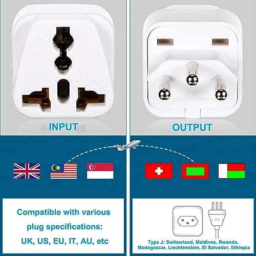 3-Pack UK to Switzerland Plug Adapters, Switzerland Swiss Plug Adaptor, Swiss Travel Adapter 3 Pin Grounded International Universal for Swiss, Jordan, Liechtenstein, Madagascar, Rwanda (Type J-White) — view 2