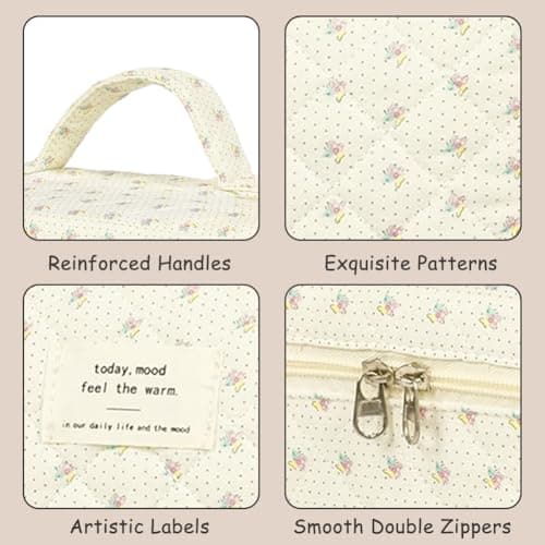 Aucuu 3PCS Coquette Makeup Bag, Quilted Makeup Bag for Women, Floral Cotton Cosmetic Bag Set, Large Capacity Aesthetic Floral Toiletry Bag, Travel Toiletry Bag, Wash Organizer Pouch for Women Girls — view 5