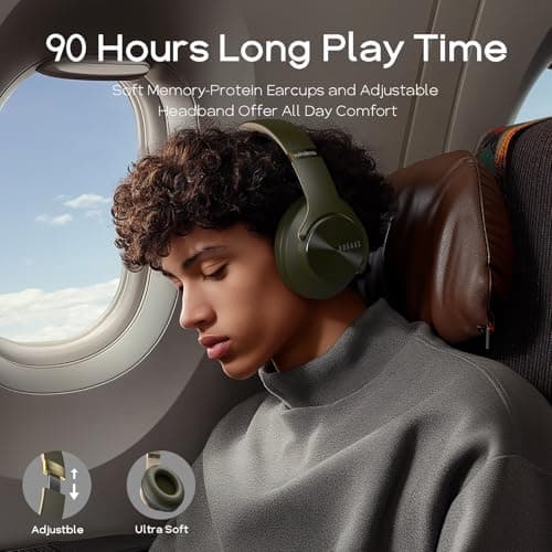 DOQAUS Bluetooth Headphones Over Ear, 90Hrs Playtime, BT5.3 Wireless Headphones with Mic, 3 EQ Mode, Foldable Headphones with HiFi Stereo Bass Sound, Soft Memory Earmuffs, for PC Phone(Military Green) — view 2