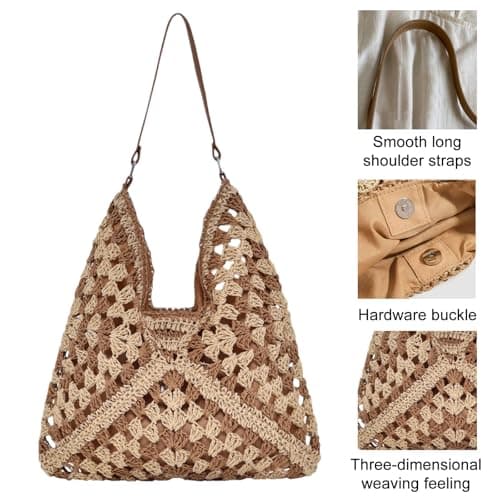 DAVBNM Straw Beach Bag for Women, Straw Shoulder Bag, Summer Tote Bags, Large Weave Handbags for Women, Casual Woven Travel Holiday Bags for Beach Vacation Outdoor Shopping Daily Use (Beige-2) — view 5