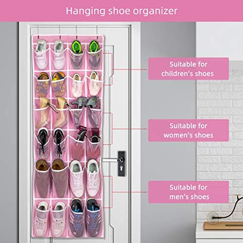 SAVERHO Hanging Shoe Organizer, Over The Door Shoe Organizer with 24 Breathable Mesh Pockets for Men Women Kids Hanging Shoe Storage Rack Organizer Size:58x21 Inch（Pink） — view 3
