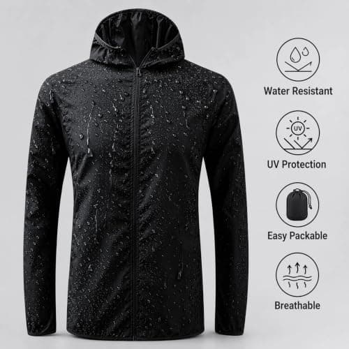 Pleyihe Kids Waterproof Jacket Boys Girls Lightweight Packable Rain Jacket Sun Protection Outdoor Raincoat for Hiking School Cycling Running (UK, Age, 13 Years, 14 Years, Regular, Black) — view 5