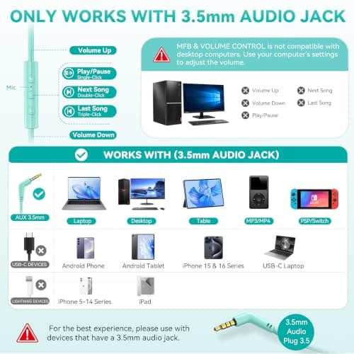 Wired Headphones with Mic, Over-Ear 3.5mm Corded Headphone for School Green — view 3