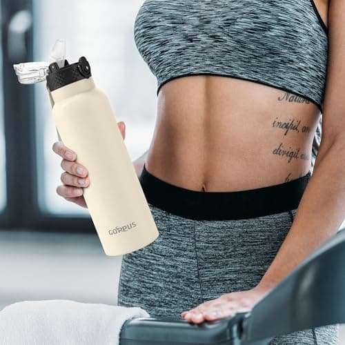 GOPPUS 750ml/26oz Stainless Water Bottle with Straw Double Wall Insulated Bottles with Strap Reusable Vacuum Thermal Flask Leakproof Keep Cold Drinks Bottles with Flip Top Lid BPA Free (Beige) — view 6