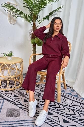 HAOZHIYU Womens 2 Piece Sets Travel Outfits Half Zip Sweatshirt And Wide Leg Sweatpant Airport Outfits for Women 2025, Burgundy, M — view 5