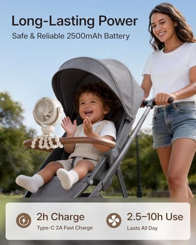 SWEETFULL Portable Pram Fan, Pinch-Proof Baby Stroller Fan, 10H Battery, 5-Speed Quiet Mini Clip on Fan, USB-C Rechargeable with LED Display for Buggy, Car Seat, Crib, Travel Essentials, Beige — view 5