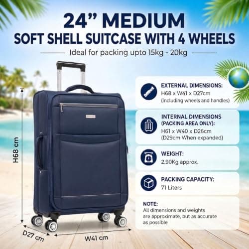DK Luggage Ultra Lightweight Only 2.9kg Medium 24 Inch Soft Shell Suitcase, 4 Wheel Spinner, Checked Luggage, 15kg–20kg Capacity, Expandable Travel Case (WLS Navy, Medium) — view 2