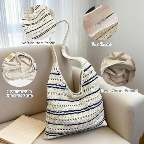unisoul Striped Knitted Beach Bag for Women，Crochet Tote Bag with Zipper and Lining, Boho Summer Shoulder Bag for Holiday Travel, Lightweight Aesthetic Mesh Handbag, Foldable Shopping Bag, Khaki — view 6