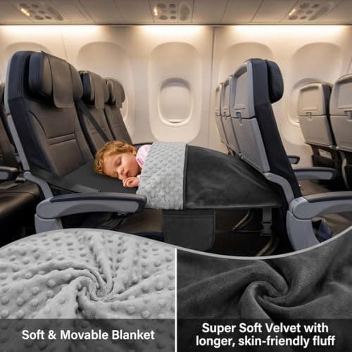 Toddler Airplane Bed, Airplane Seat Extender for Kids with Blanket, Portable Travel Sleeper with Plush Flannel & Storage Bag, Black, 31.5x18in.. — view 2
