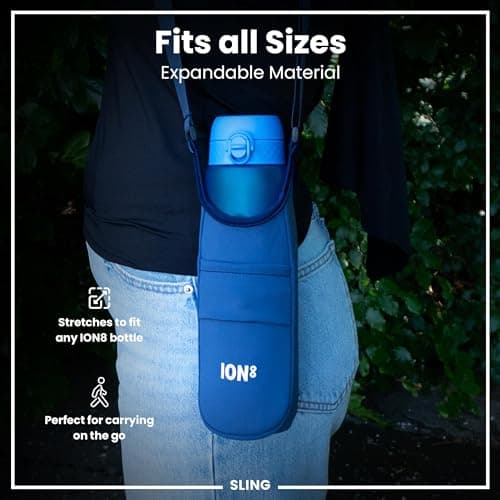 Ion8 Sling Bag – Foldable, Lightweight Water Bottle Holder & Carrier with Pocket, Adjustable Strap & Hook – Machine Washable, Fits 1L Bottle – Travel-Friendly & Easy to Clean Hydration Pouch, Navy — view 3
