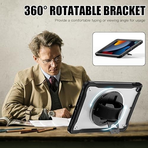 Gerutek Case for iPad 9th/8th/7th Generation 10.2 Inch, Heavy Duty Shockproof, Rugged Cover with 360° Rotating Stand & Hand Strap, Shoulder Strap, Drop Protection Shell with Clear Back, Black — view 4