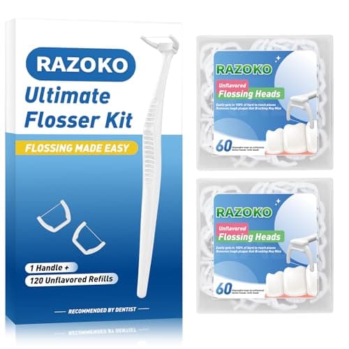RAZOKO Long Handle Dental Flosser Kit (1 White Handle + 120 Refills)