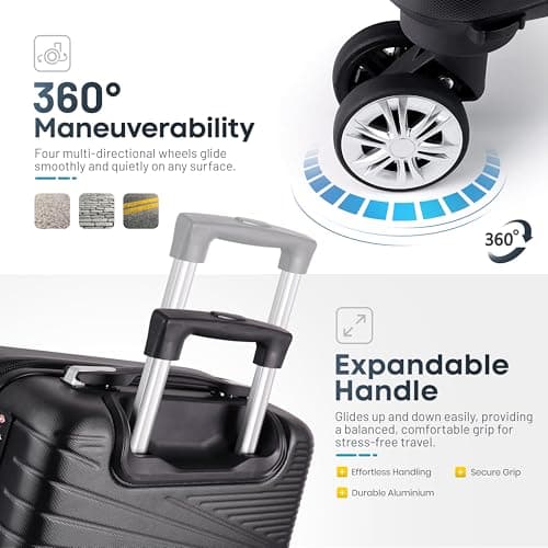 Eco-Lux Essentials Hardside Hand Luggage Carry On Suitcase, ABS Hardshell Cabin Bag with 4 Spinner Wheels, 50 x 32 x 20 cm, Travel Sentry Integrated TSA Approved Lock (Black) — view 5