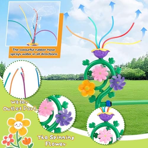 Water Sprinkler for Kids, Spinning Flower Water Sprinkler Toddler Outdoor Toy with 5 Wiggle Tubes and Hose Adapters, Easy to Install Summer Water Toys Sprinklers for Yard Lawn Garden Game 3+ Year Old — view 4