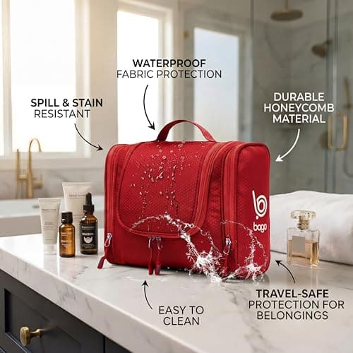 bago Travel Toiletry Bag for Women and Men X-Large Waterproof Hanging Large Toiletry Bag for Bathroom and Travel Bag for Toiletries Organizer - Makeup Bag (Red) — view 4