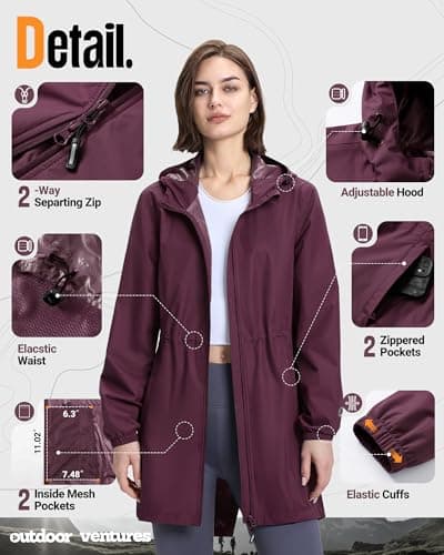 Outdoor Ventures Women's Waterproof Rain Jacket Packable Long Rain Coat — view 3