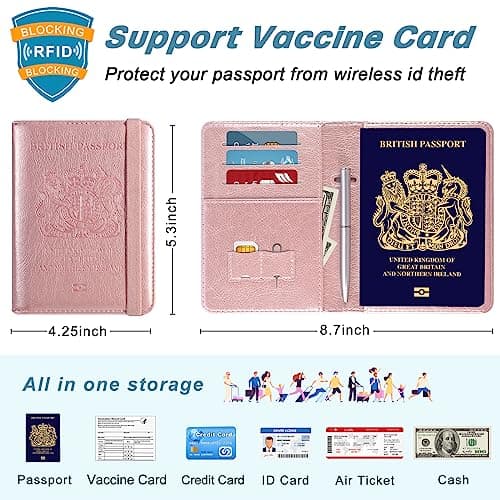 DMLuna Passport Holder, Premium PU Leather Travel Passport Wallet RFID Blocking Passport Cover Case Travel Documents Organizer with Pen Holder, for Women and Men - Rose Gold — view 3