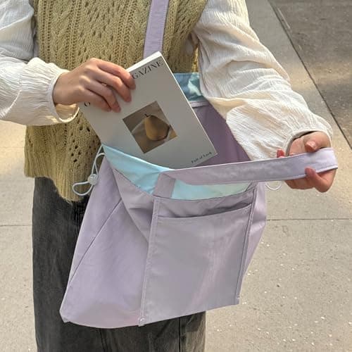 GODWOODS Tote Bag Aesthetic Canvas Handbags with Zipper for Women Travel Shoulder Bags Purses with compartments (A - Purple) — view 3