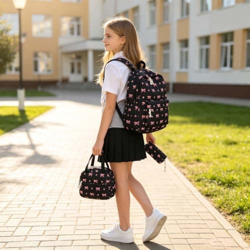 Bow Print 3 In 1 School Backpack Set UK, Water Resistant Lightweight Rucksack with Insulated Lunch Bag Zipper Pencil Case, Casual Daypack Bookbag for Primary Teen Girls School Daily Outdoor Use — view 2