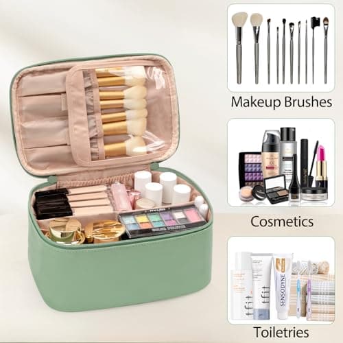 Travel Makeup Bag Portable Cosmetic Bag with Makeup Brushes Organiser Green — view 6