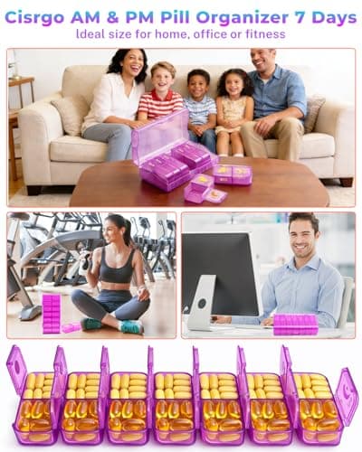 Cisrgo Weekly Pill Organizer 2 Times a Day, 7 Day AM/PM Pill Box, Portable Medication Dispenser with Child-Resistant Latch, BPA-Free, Travel, Office, Pets, Emergency Use (Lavender Purple) — view 5